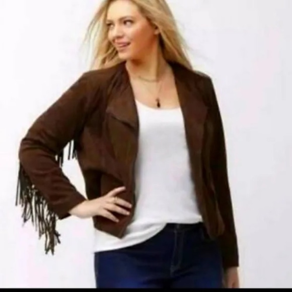 Lane Bryant Brown Fringe Jacket - Faux Suede Asymmetric Zip